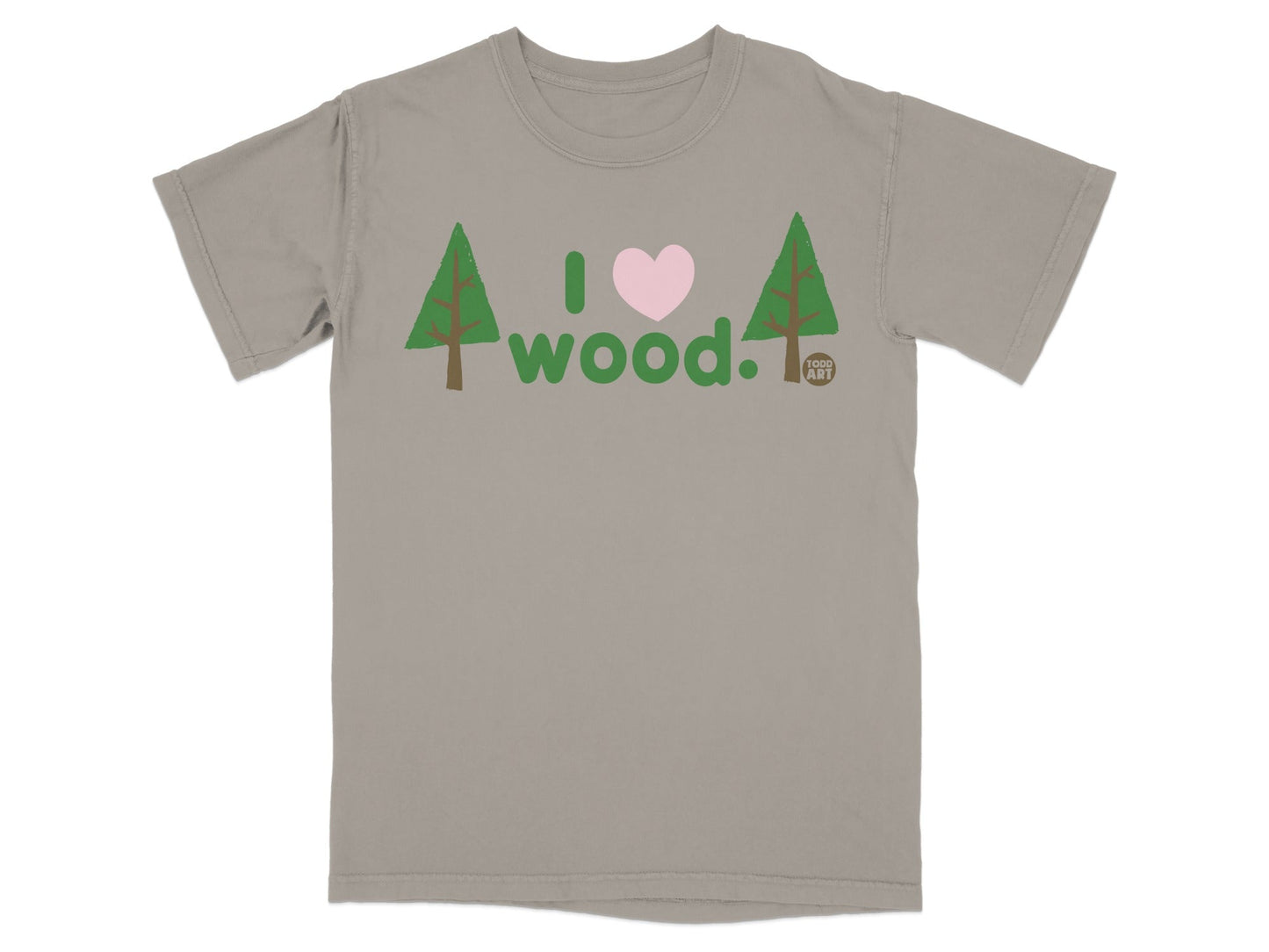 Gray t-shirt with "I ❤️ wood." and a small logo.