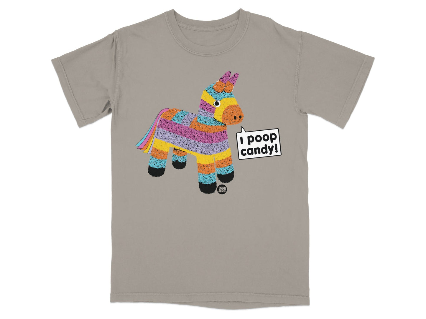 Donkey piñata graphic on a tan t-shirt with "I poop candy!" speech bubble.
