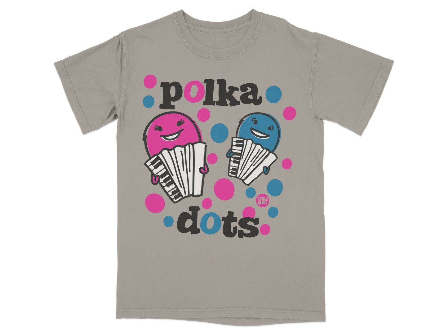 Two cartoon accordions with faces playing music, text "polka dots".