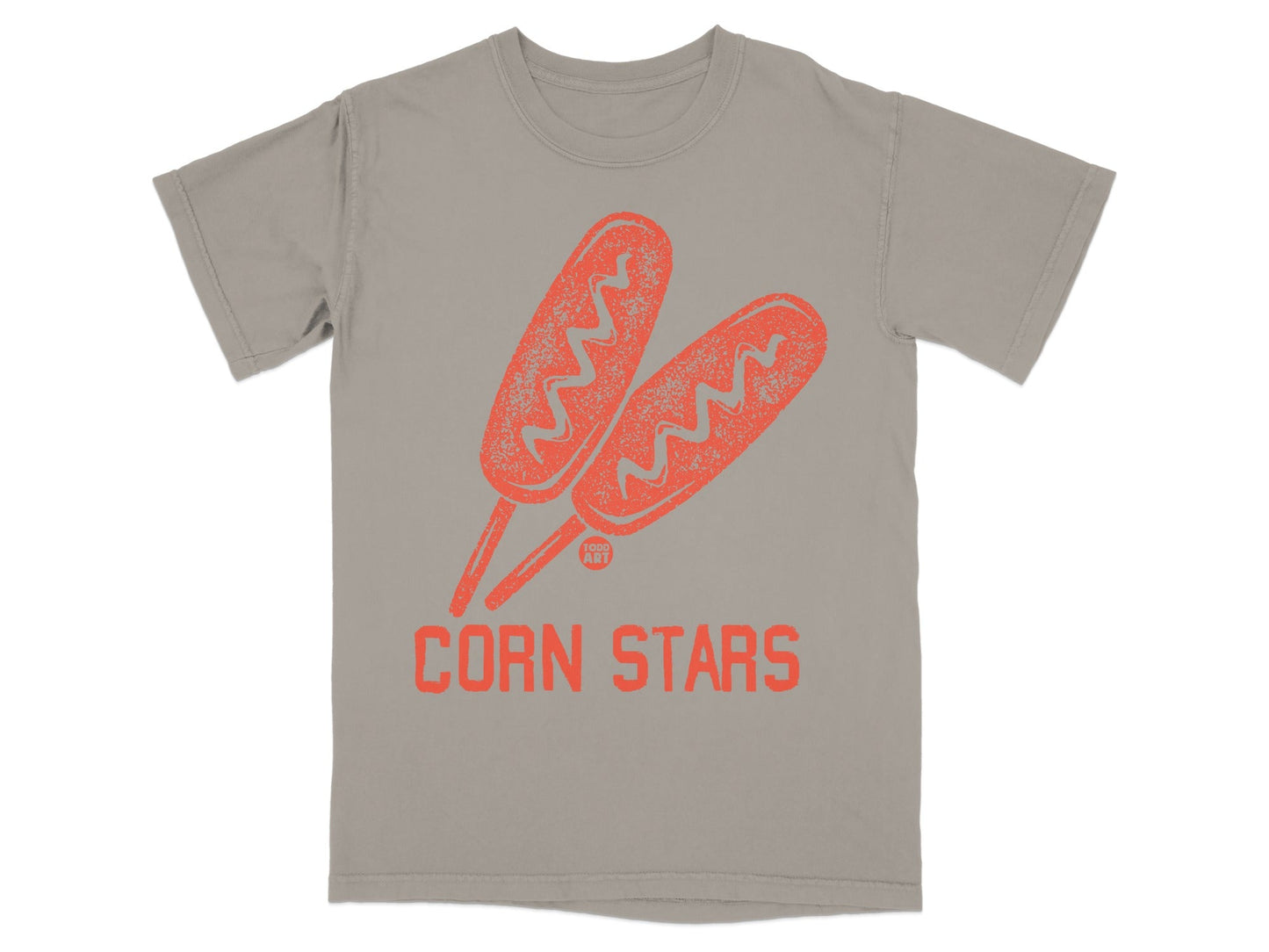 Gray t-shirt with distressed corndog graphic and "CORN STARS" text.