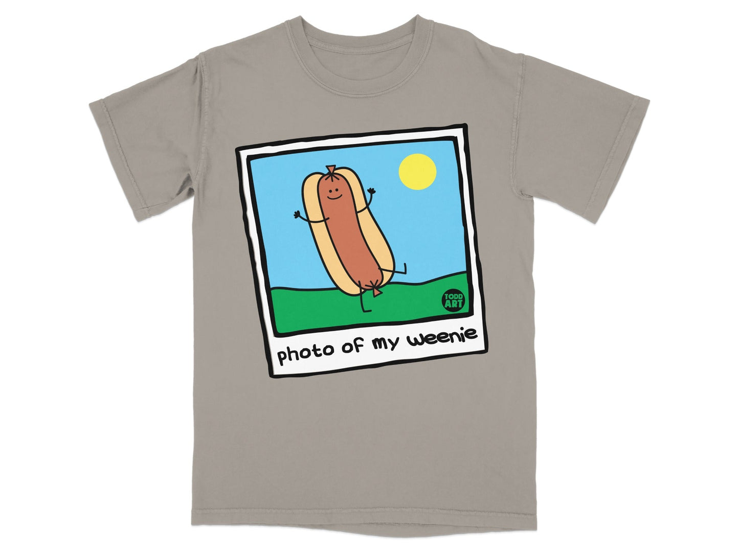 T-shirt with cartoon hot dog graphic and text "photo of my weenie".