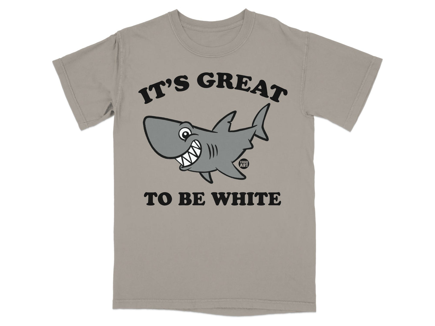 T-shirt with cartoon shark and text "IT'S GREAT TO BE WHITE."
