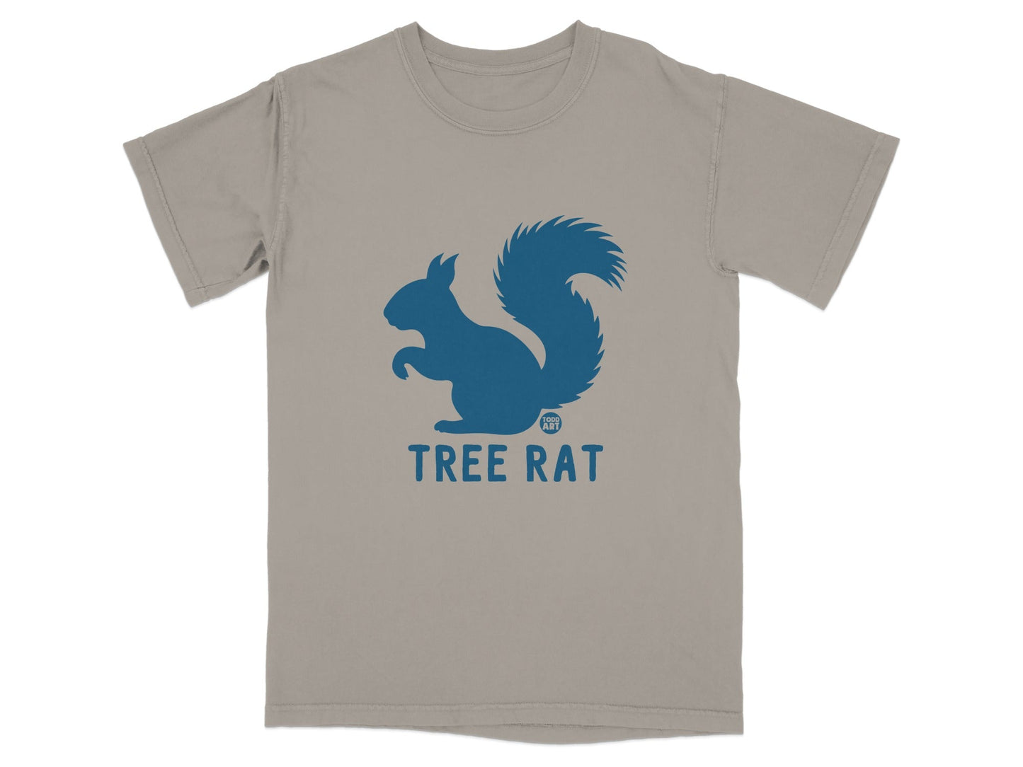 Blue squirrel silhouette with "TREE RAT" text below on a tan t-shirt.