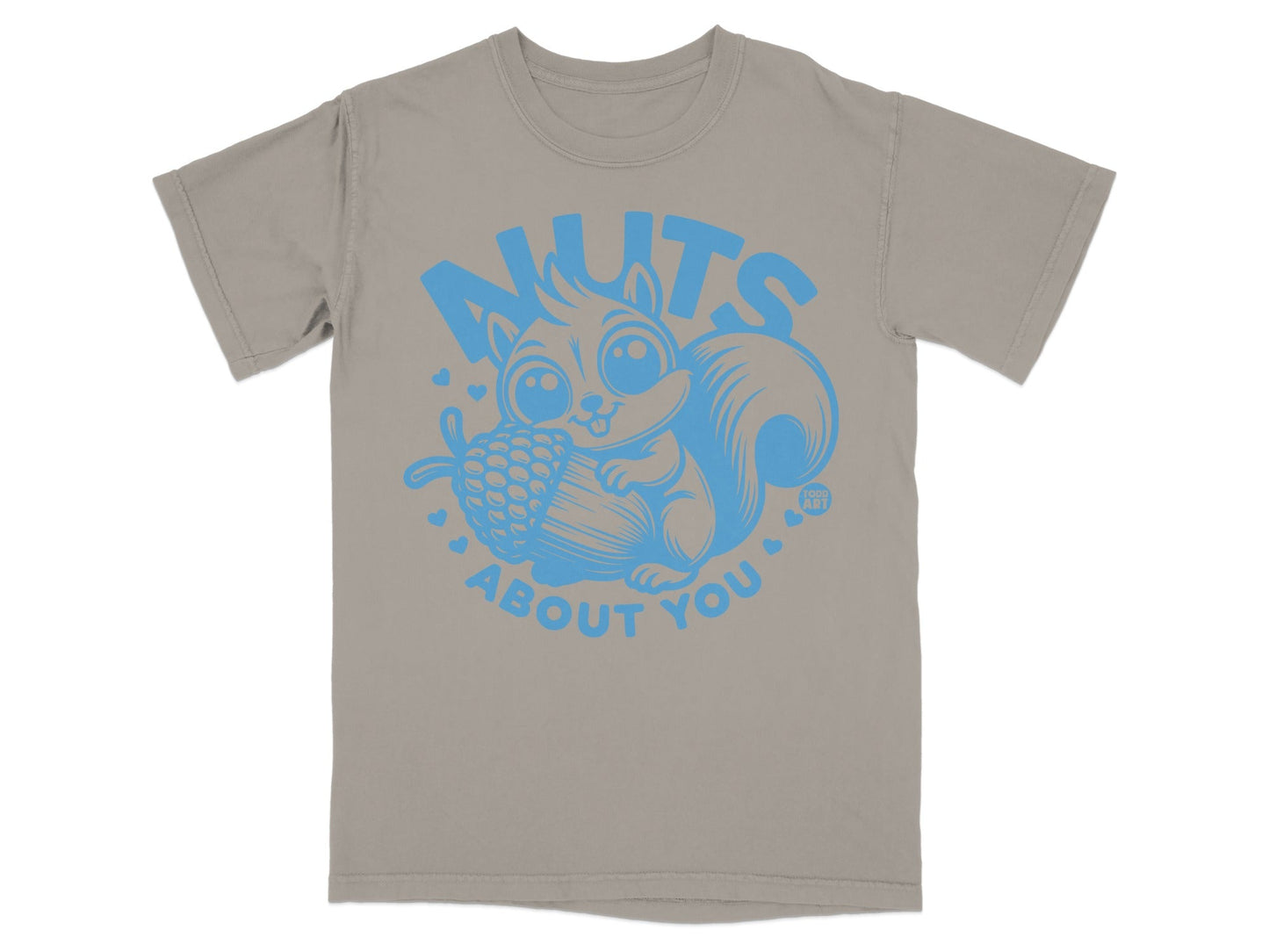 Gray t-shirt with a cartoon squirrel holding an acorn and "NUTS ABOUT YOU" text.