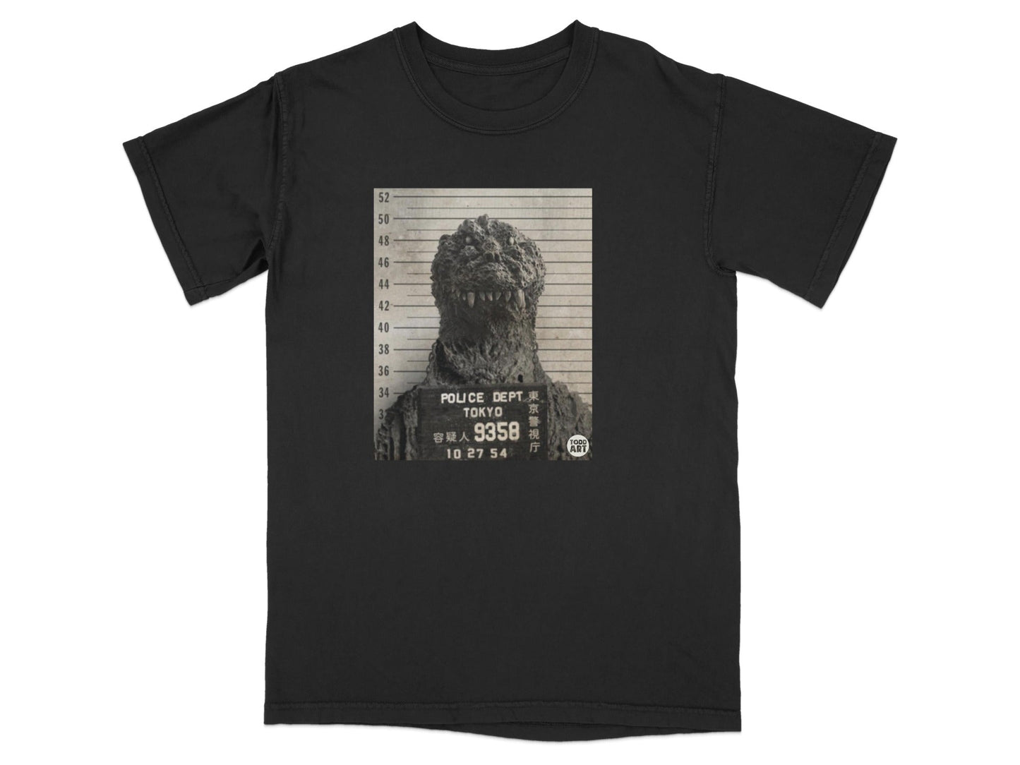 Godzilla mugshot on a black t-shirt with Tokyo Police Department text.
