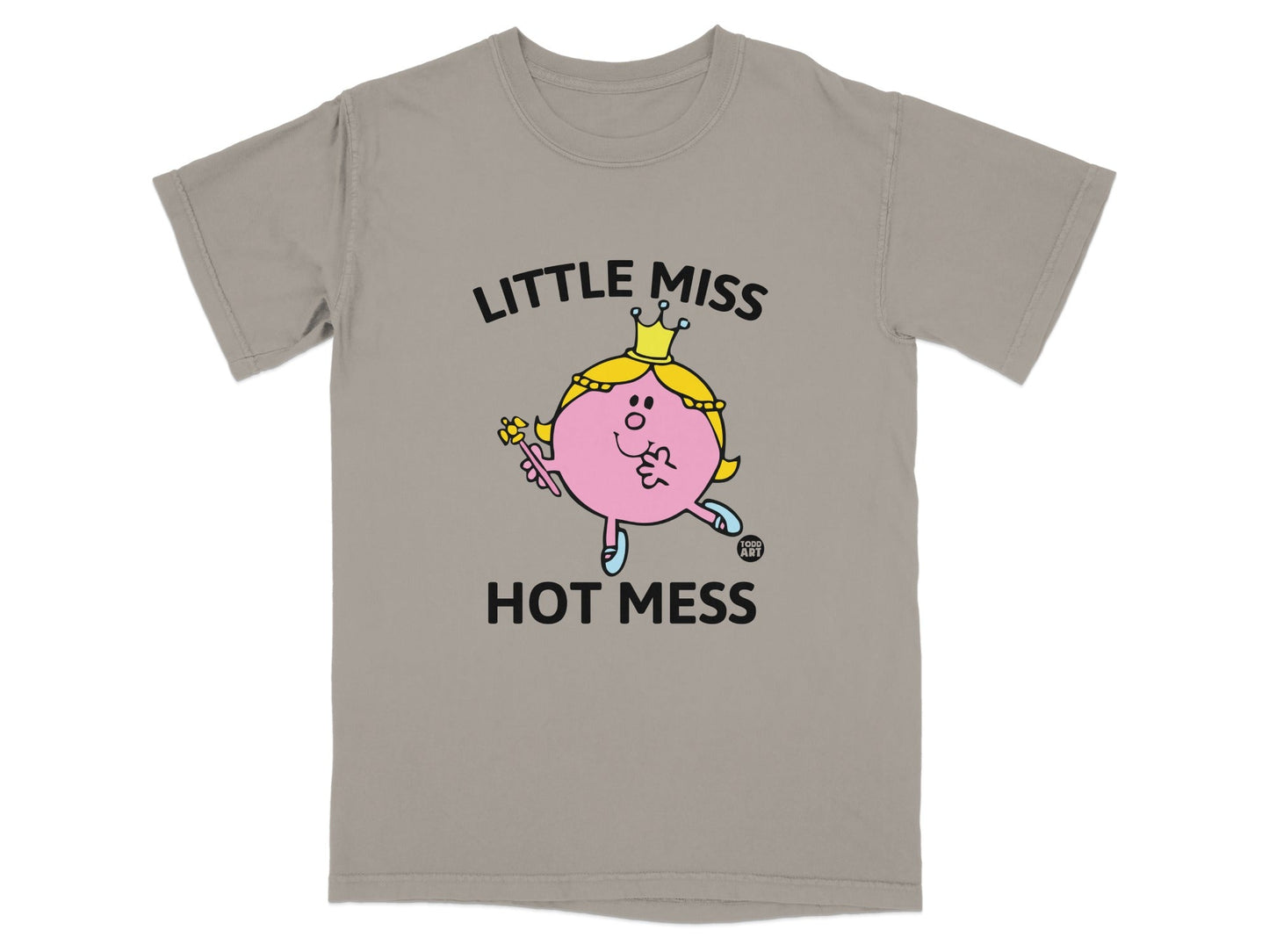 T-shirt with "LITTLE MISS HOT MESS" text and cartoon girl illustration.