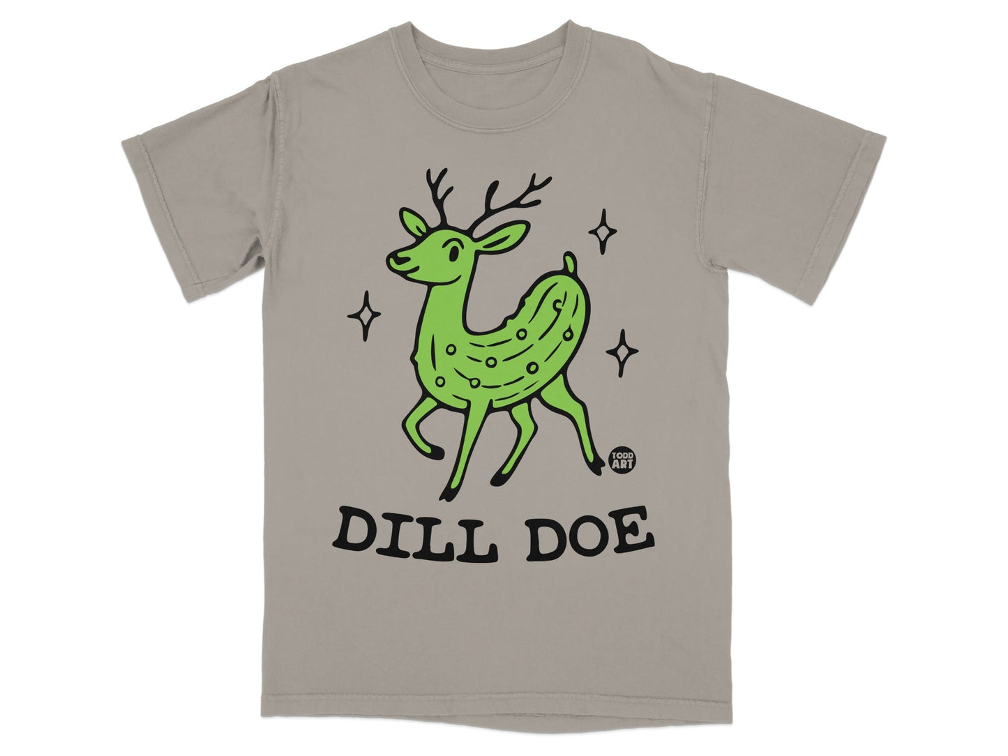 Green cartoon deer with pickle pattern, wearing a t-shirt that says "Dill Doe".