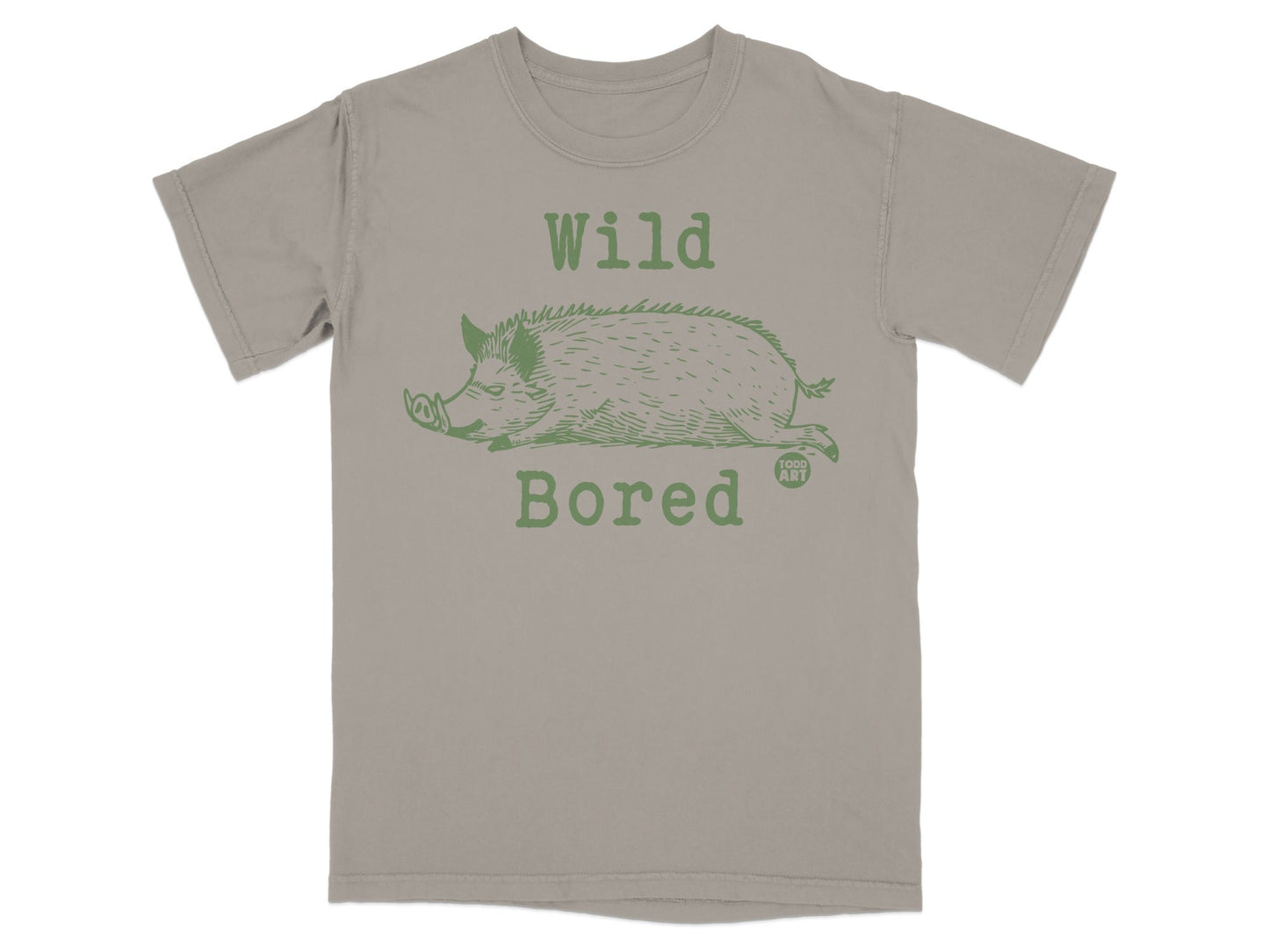 T-shirt with green wild boar illustration and text "Wild Bored"