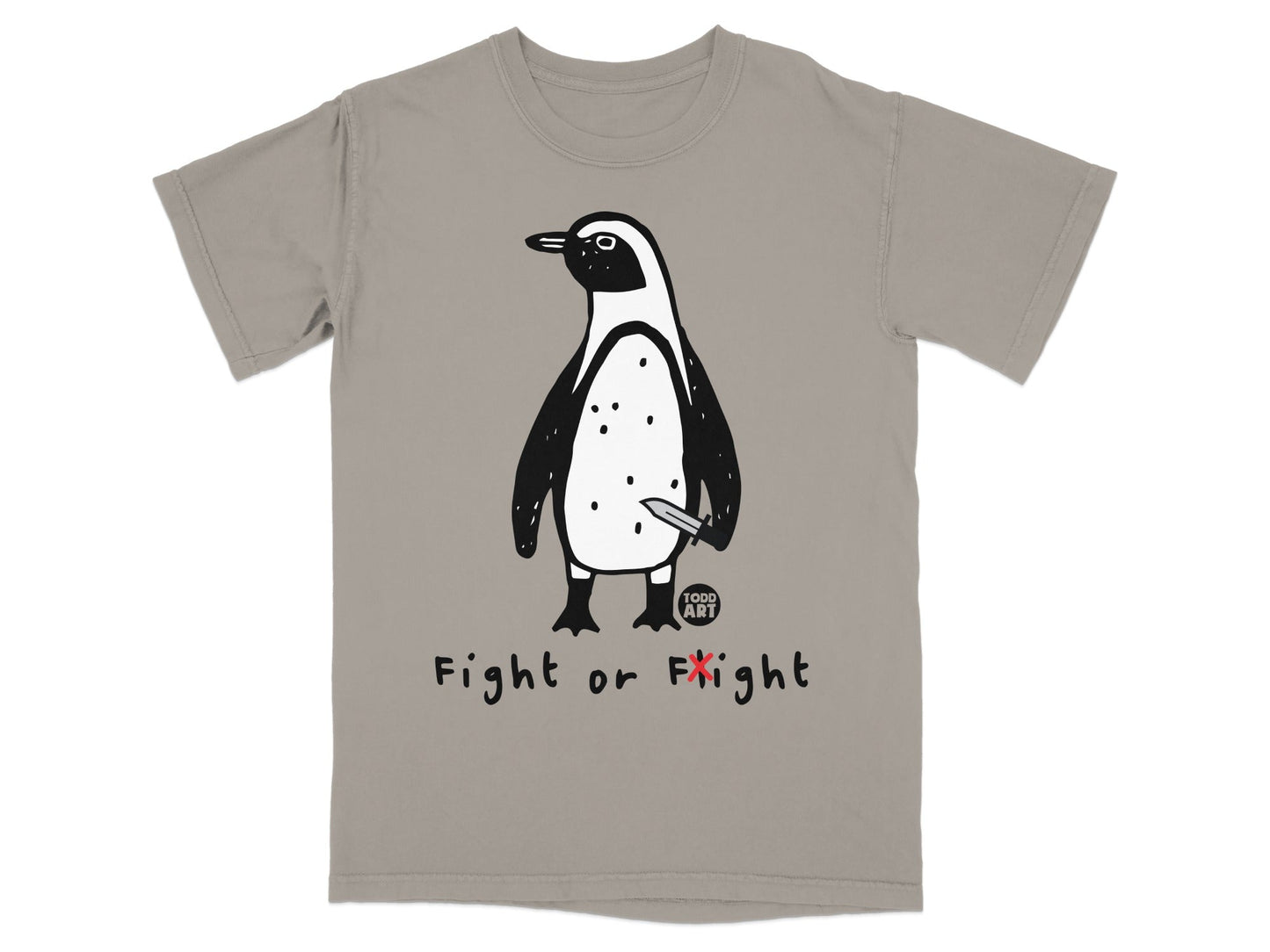 T-shirt with a cartoon penguin holding a knife, saying "Fight or Flight."