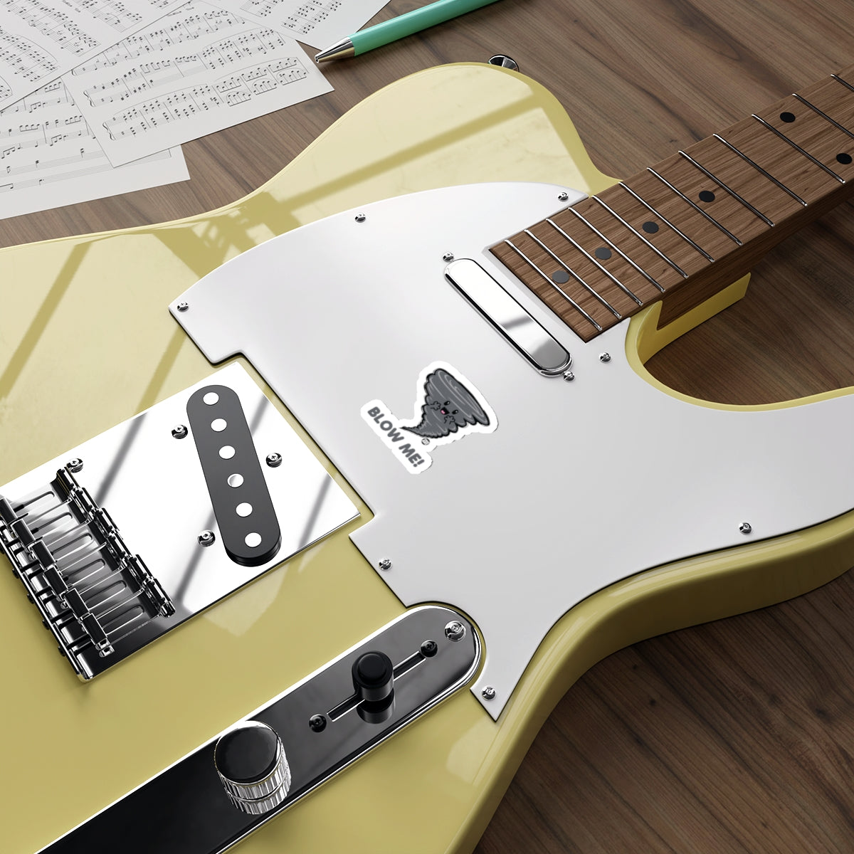 Yellow Electric Guitar with Blow Me Sticker Design