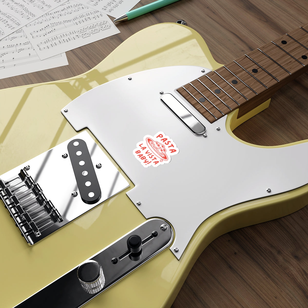 Pasta La Vista Baby Sticker on Electric Guitar