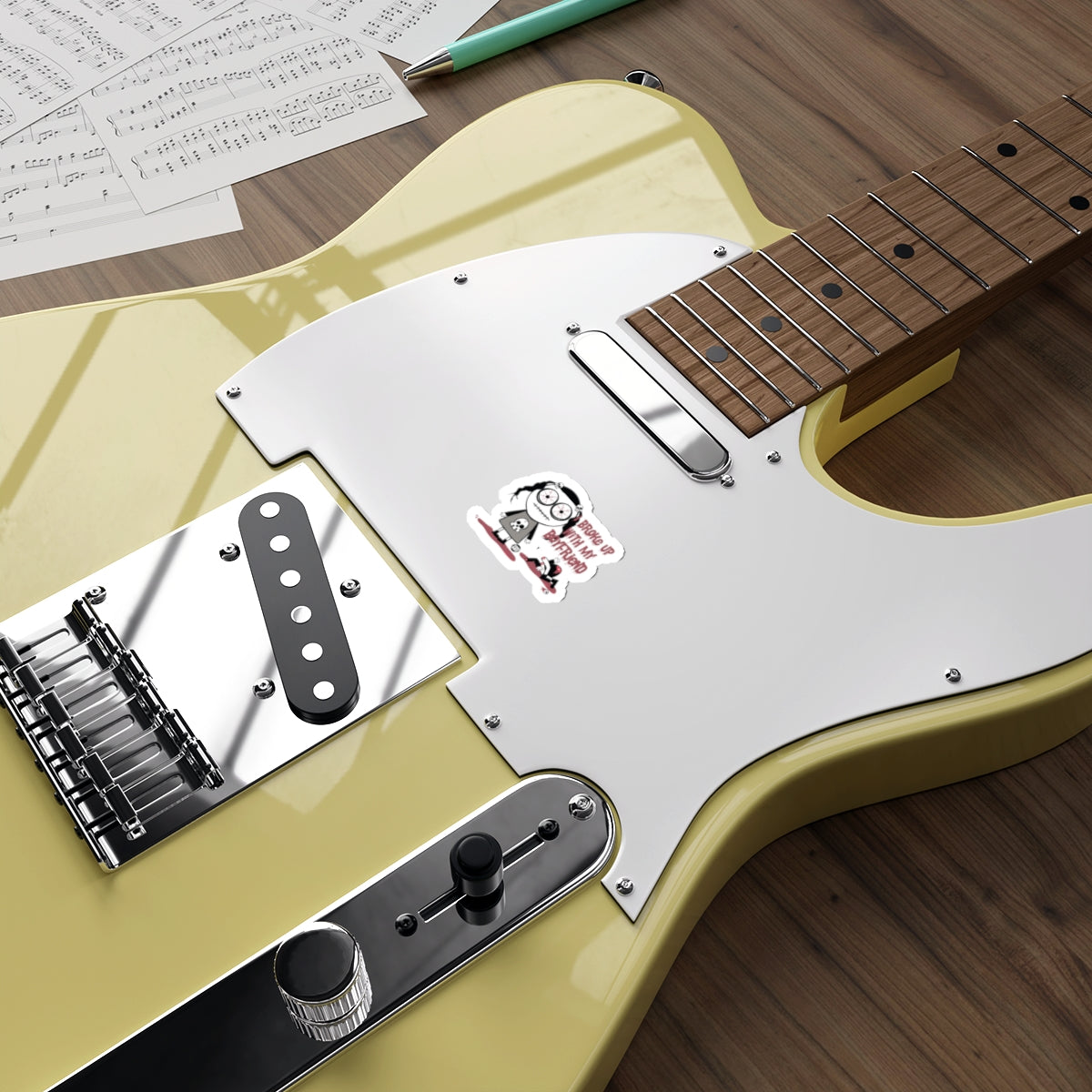 Funny Guitar Sticker with Cartoon Character Design Sticker