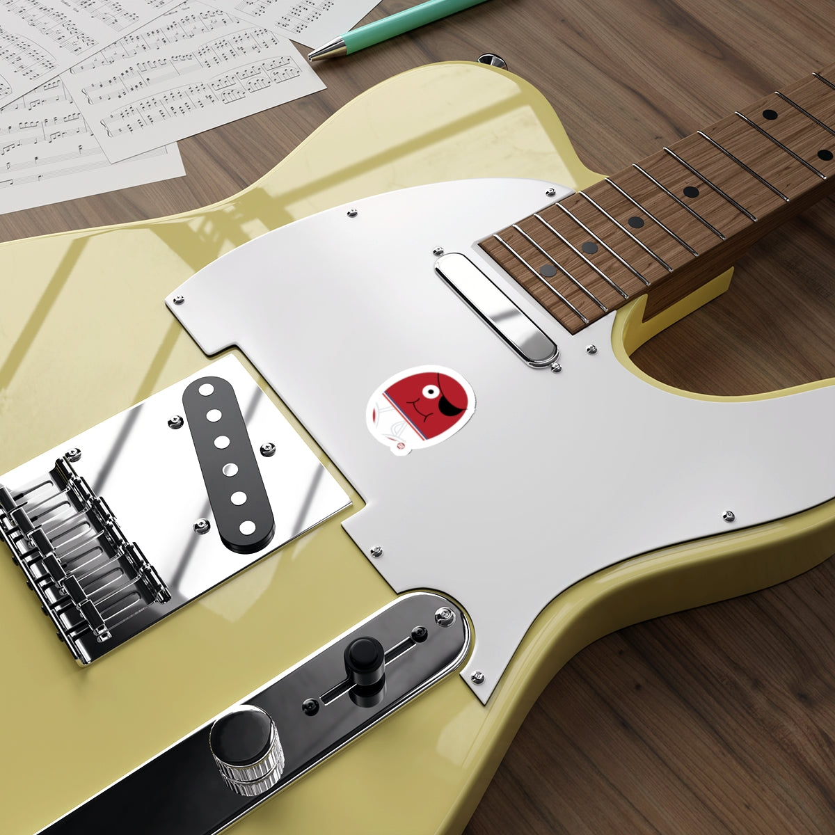 Yellow Guitar with Red Cartoon Sticker Musical Instrument
