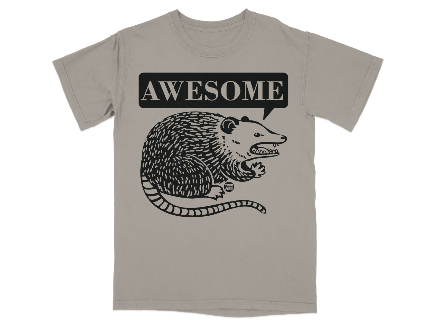 T-shirt with black graphic of a possum with "AWESOME" speech bubble.