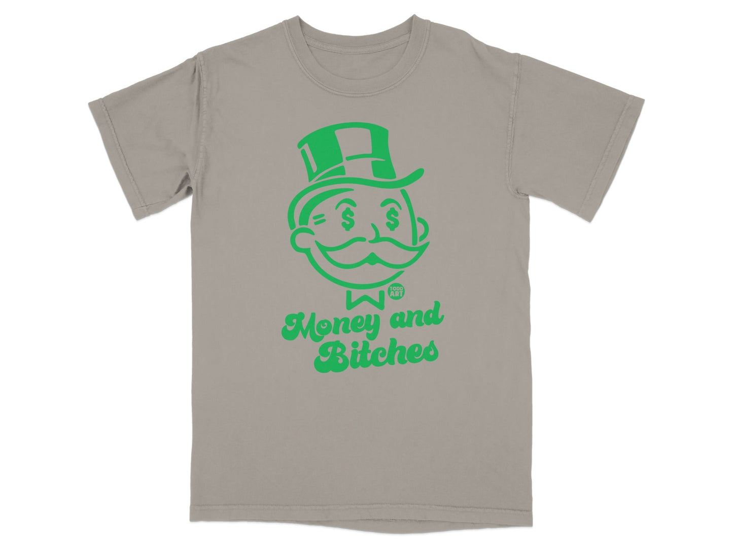 Gray t-shirt with green Monopoly man graphic and "Money and Bitches" text.