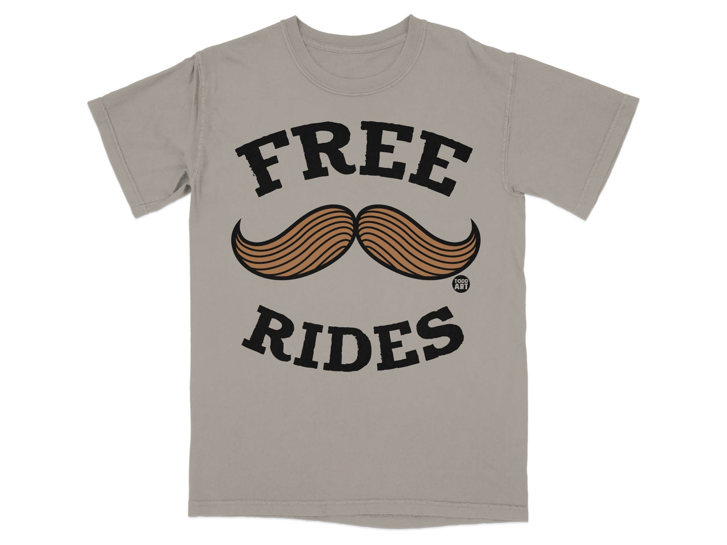 Gray t-shirt with "FREE RIDES" and a mustache graphic.