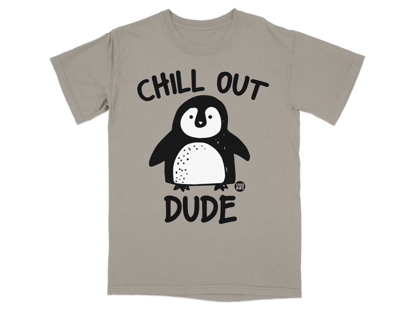 T-shirt with "Chill Out Dude" text and a cute cartoon penguin graphic.