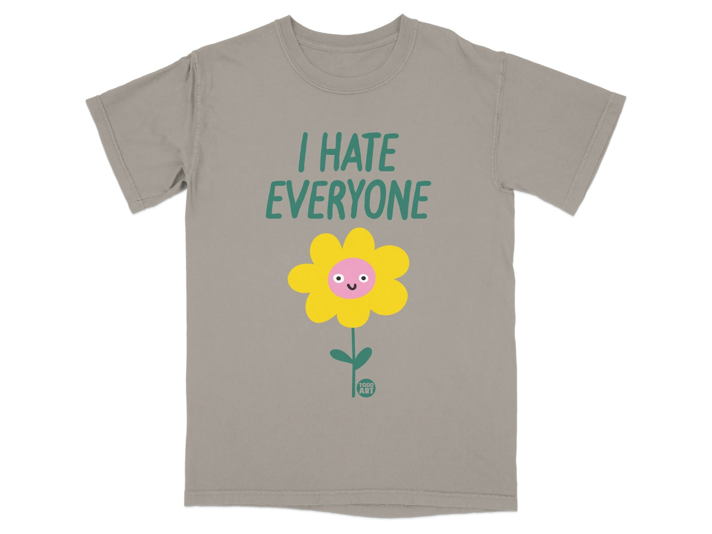 T-shirt with "I HATE EVERYONE" text and smiling flower graphic.