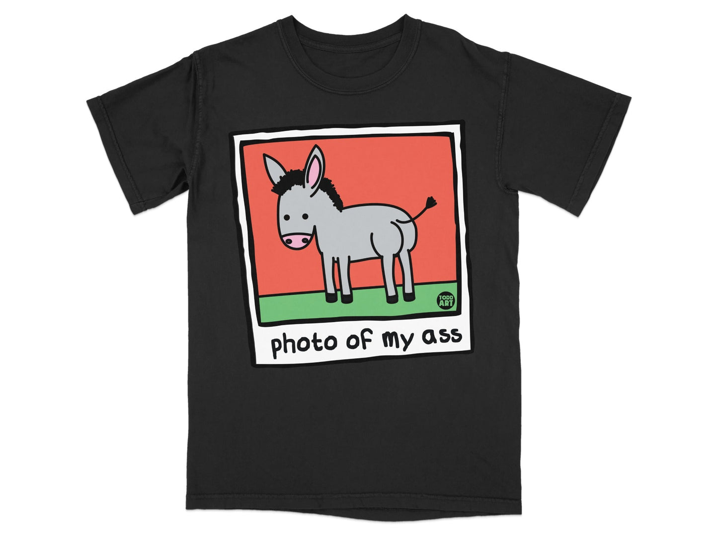 Black t-shirt with a cartoon donkey illustration and text "photo of my ass".