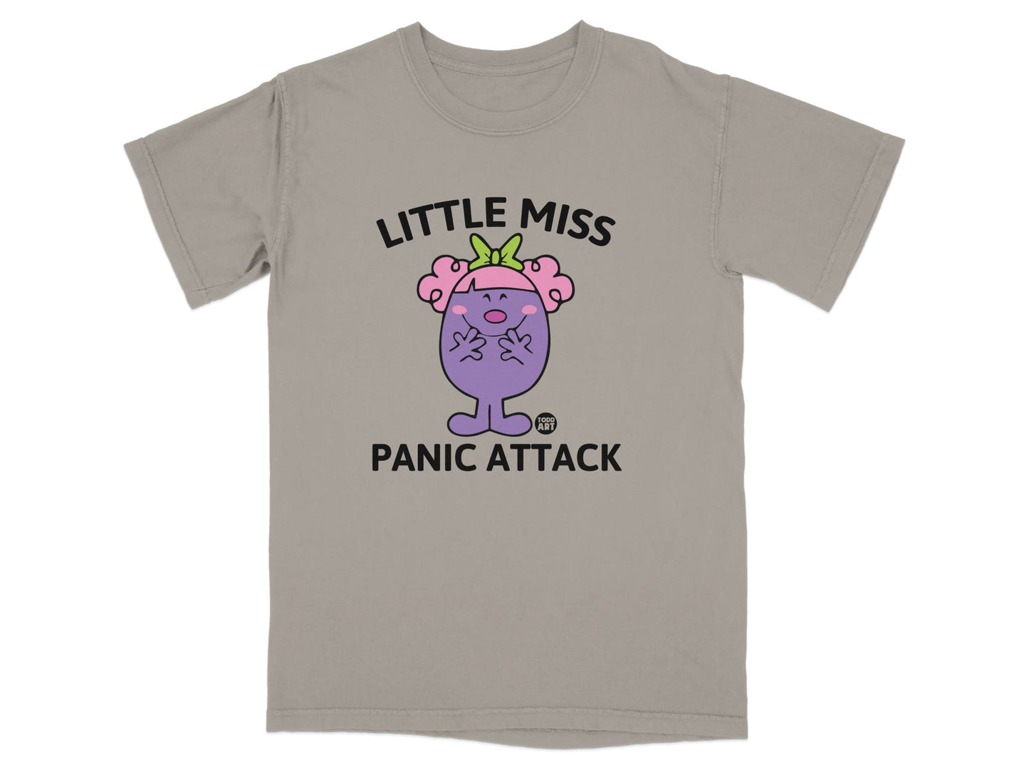 T-shirt with "Little Miss Panic Attack" text and cartoon character.