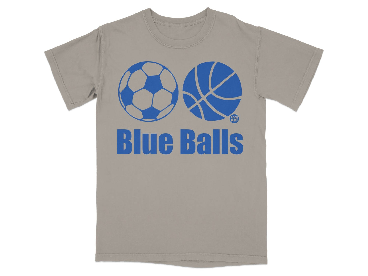 Grey t-shirt with "Blue Balls" text and soccer and basketball graphics.