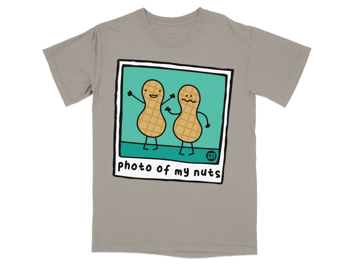 Two cartoon peanuts with smiling faces and wavy arms, "photo of my nuts" text.