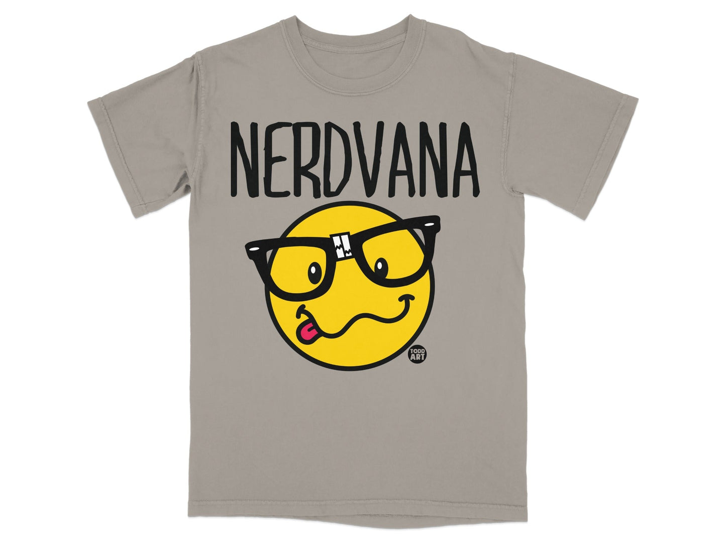 Gray t-shirt with NERDVANA logo and a yellow smiley face with glasses.