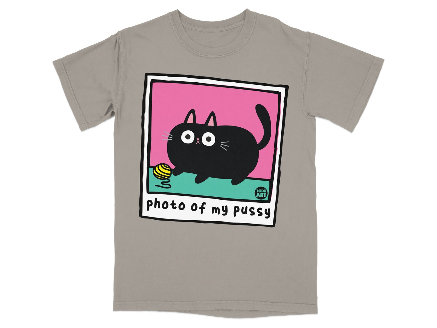 T-shirt with cartoon black cat playing with a ball of yarn, text "photo of my pussy".