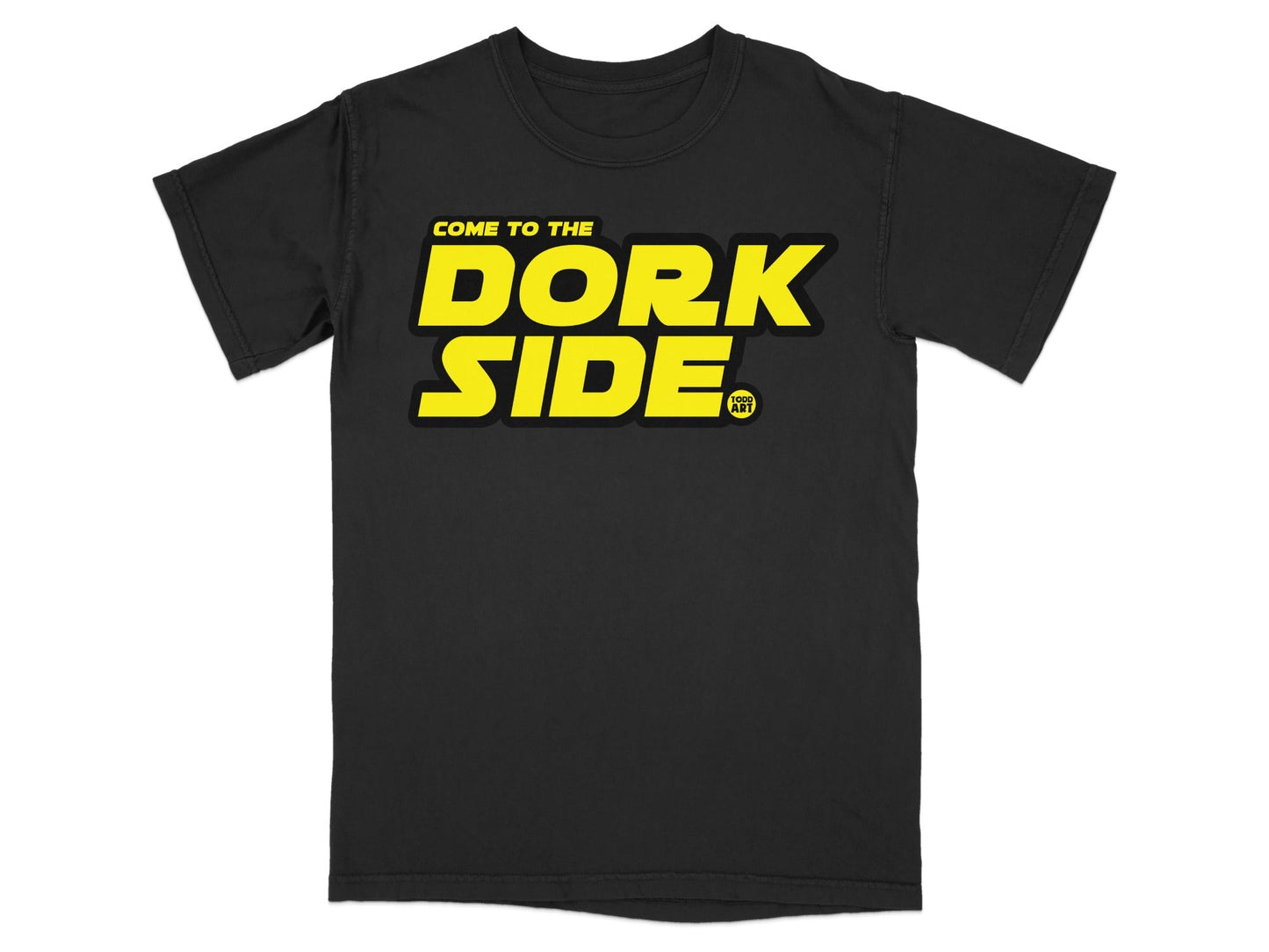 Black t-shirt with "COME TO THE DORK SIDE" in yellow text.