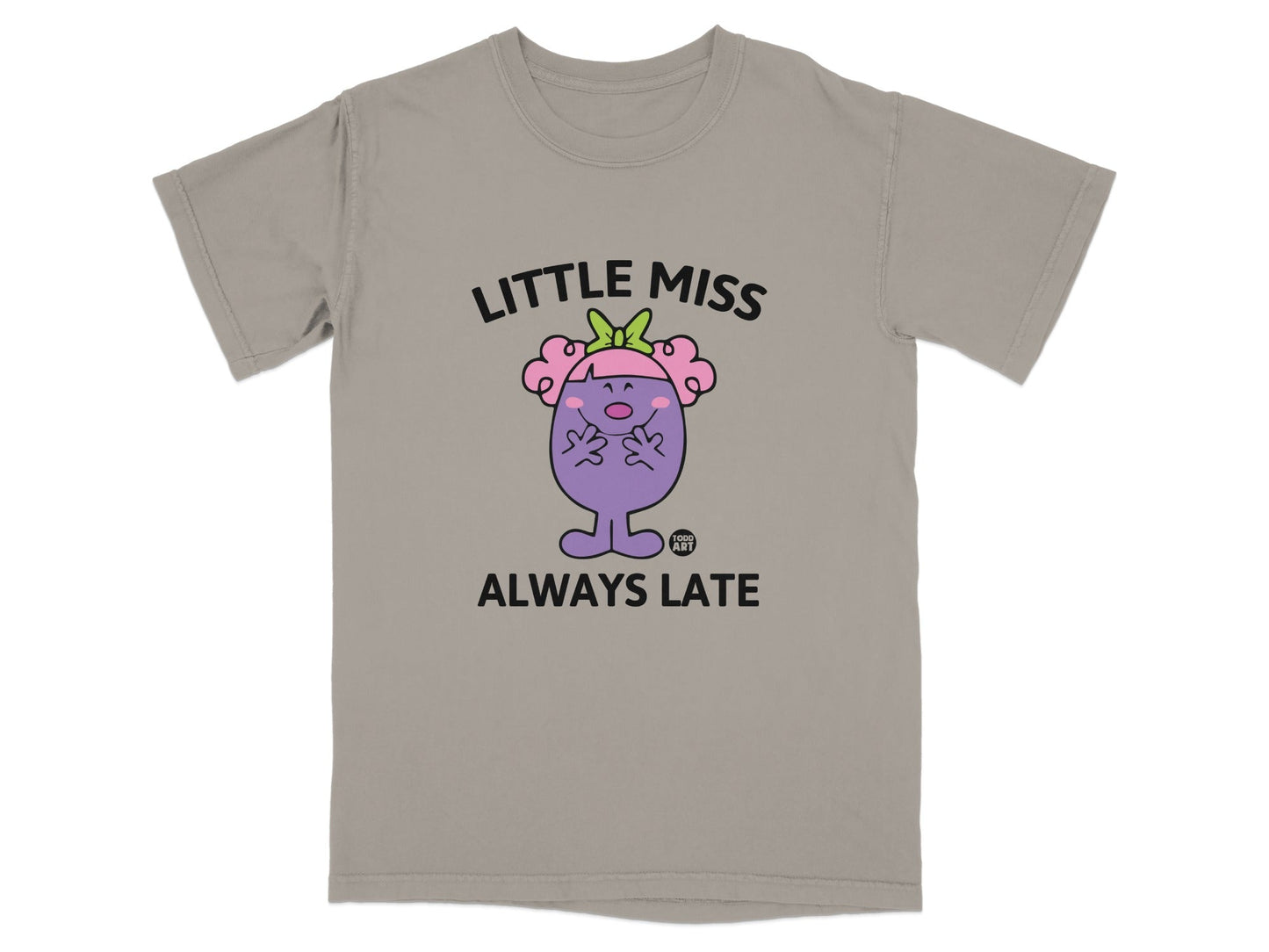 Little Miss Always Late graphic t-shirt with a purple character.