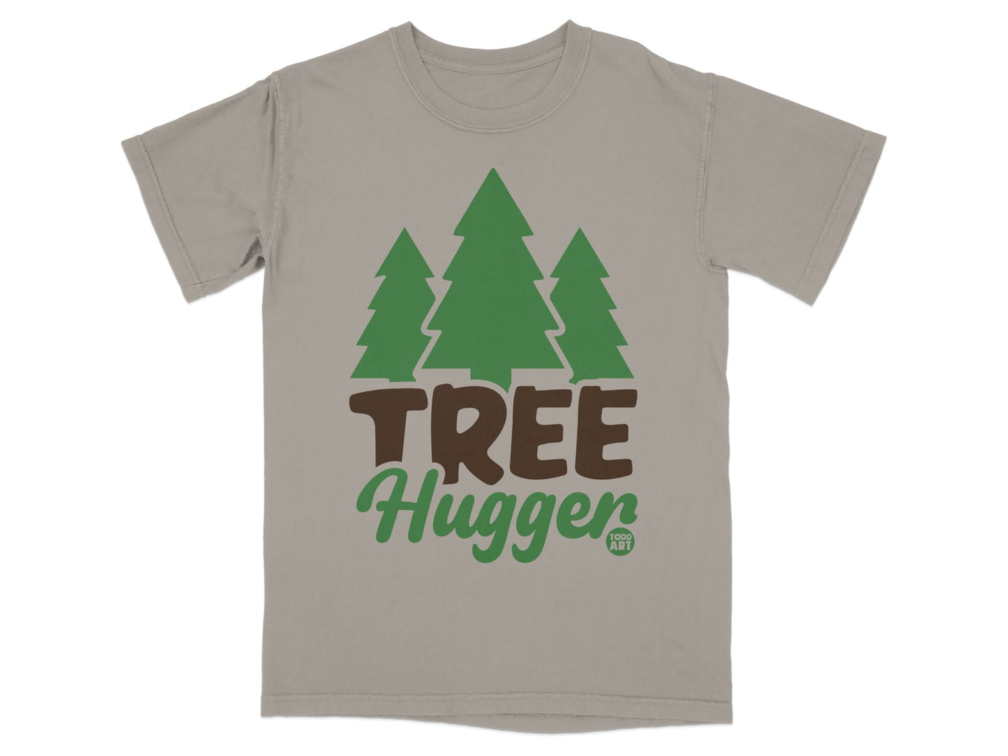 T-shirt with "Tree Hugger" text and three green pine trees graphic.