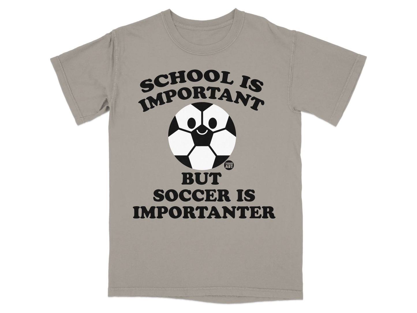 T-shirt with soccer ball graphic and text "SCHOOL IS IMPORTANT BUT SOCCER IS IMPORTANTER".