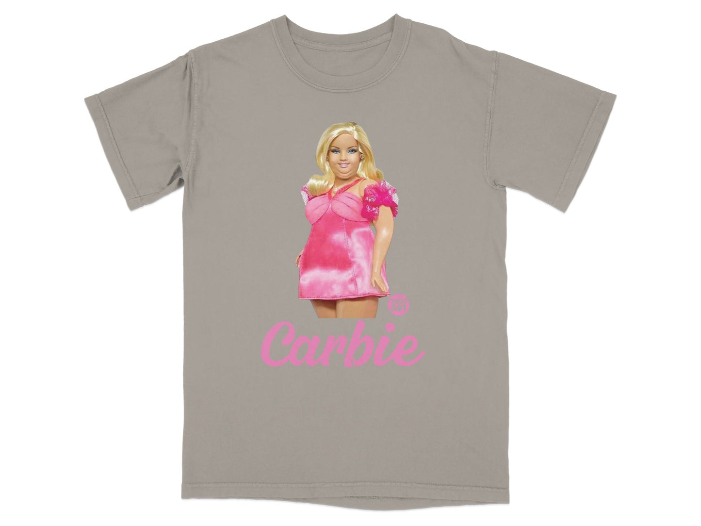 Gray t-shirt with Barbie wearing a pink dress and the word "Barbie" in script.