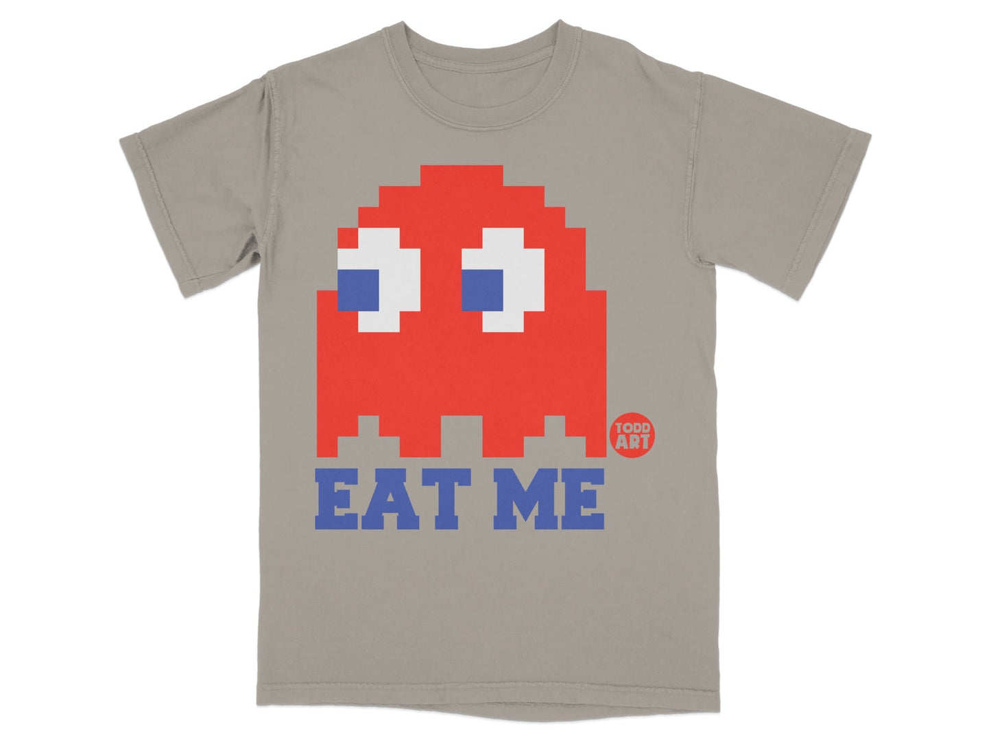 Gray t-shirt with pixelated red Pac-Man ghost and "EAT ME" text.