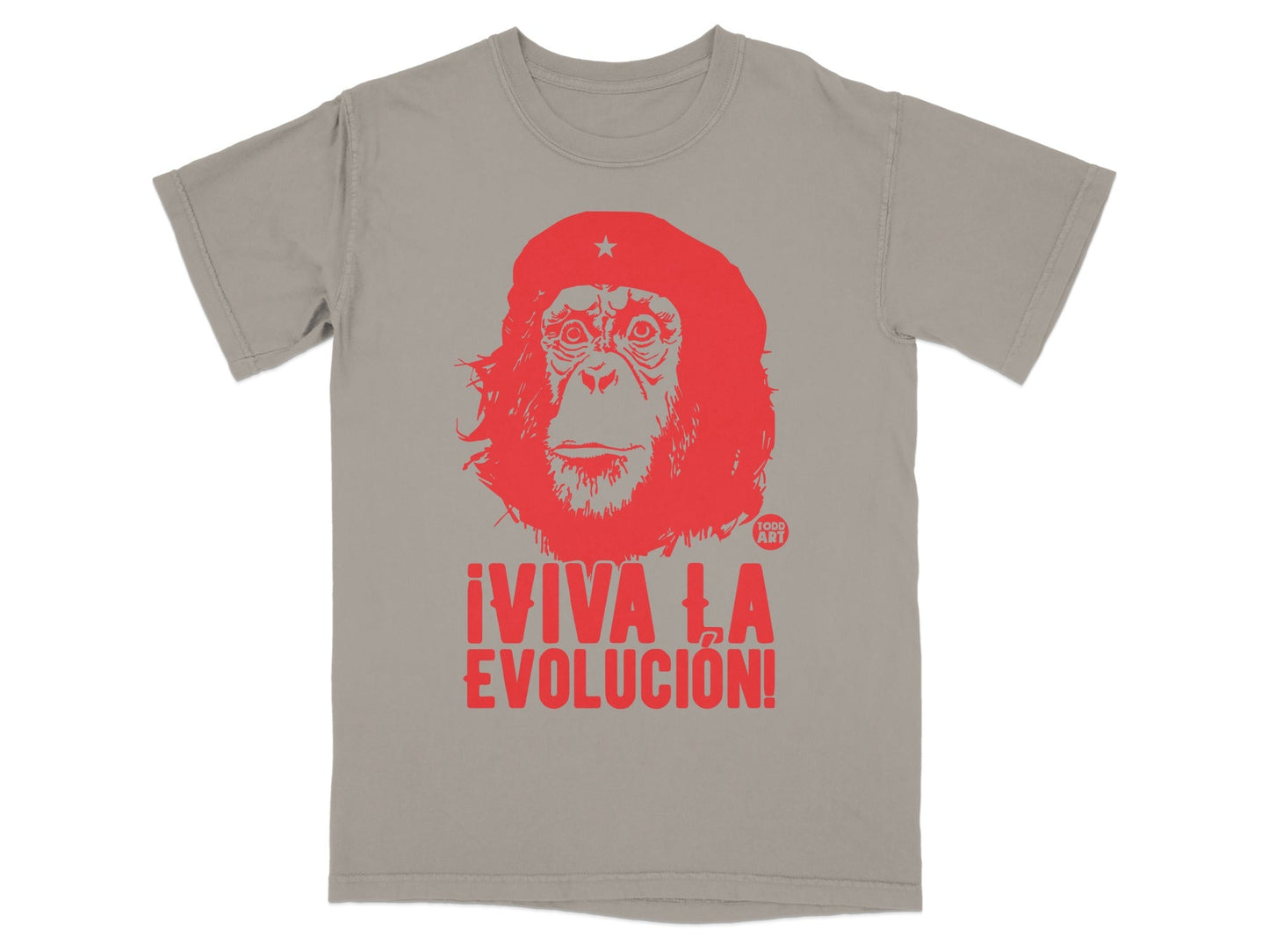 Grey t-shirt with red graphic of a monkey wearing a beret and "¡VIVA LA EVOLUCIÓN!" text.