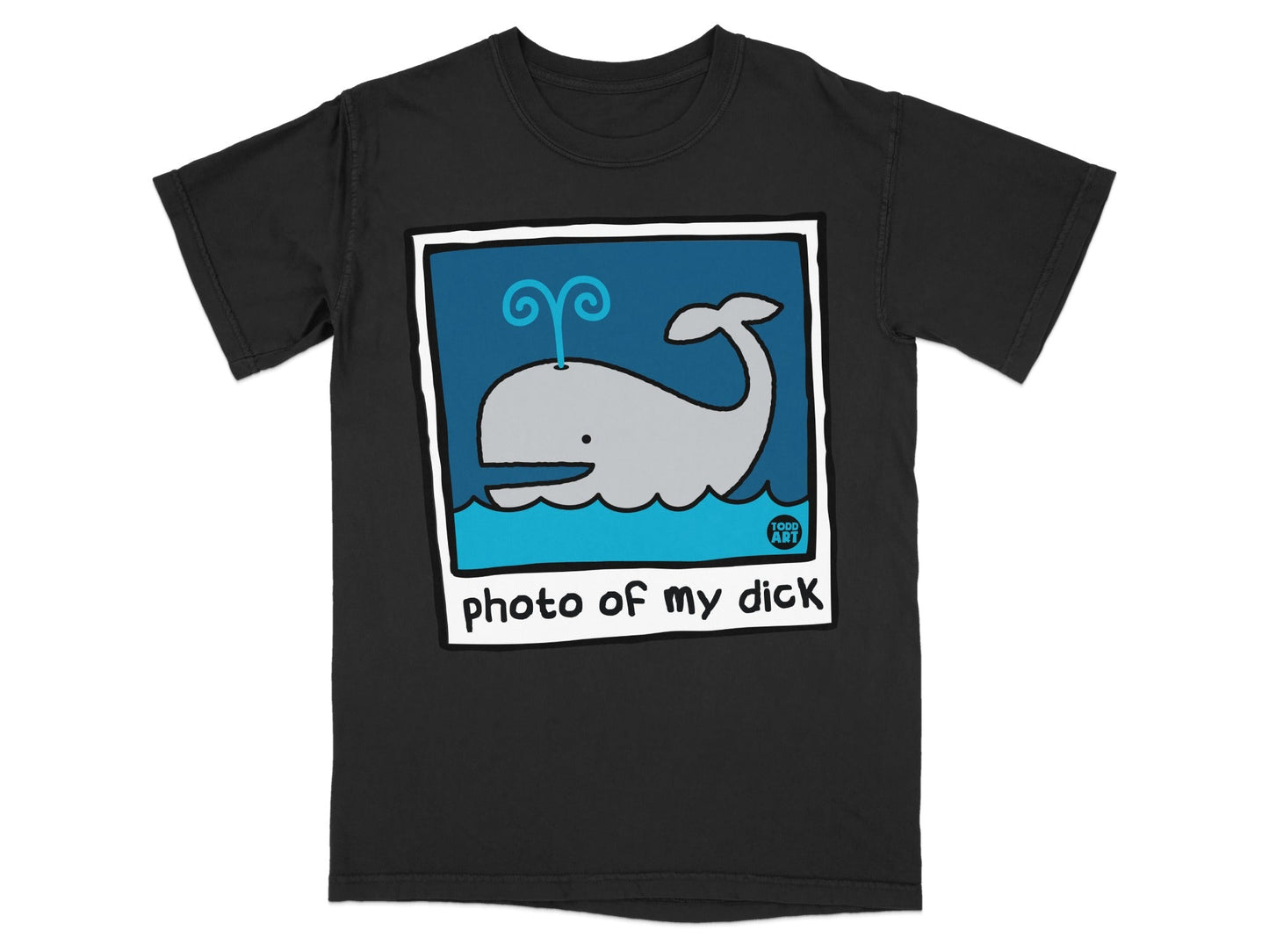 Black t-shirt with a cartoon whale in a blue frame, text reads "photo of my dick".
