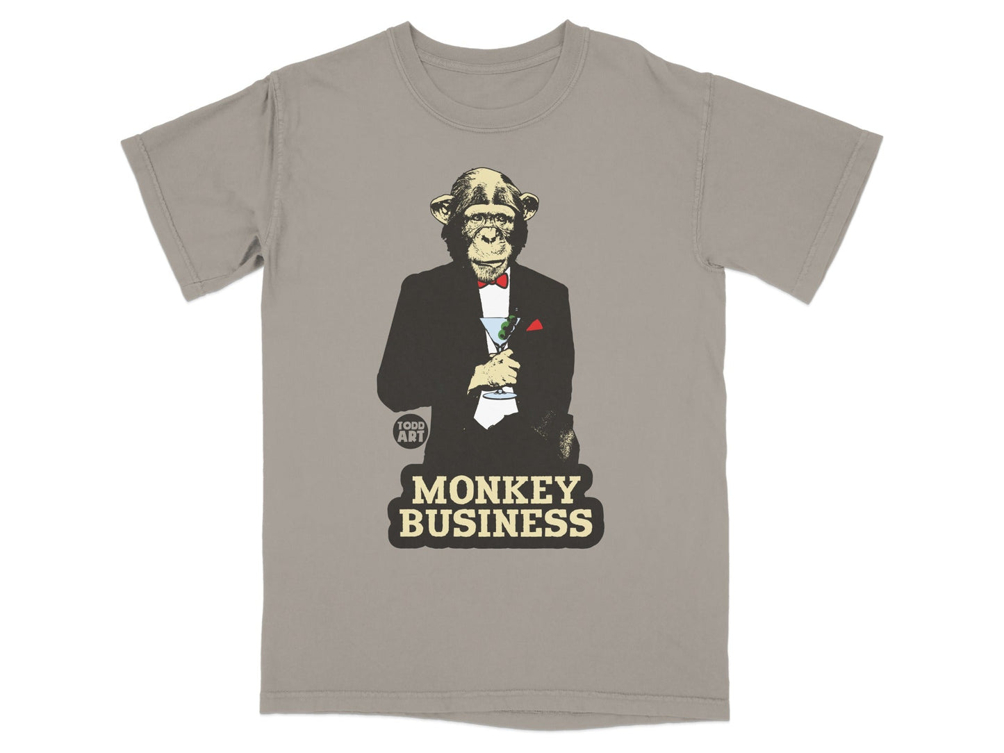 T-shirt graphic of a monkey in a tuxedo holding a martini glass with "Monkey Business" text.