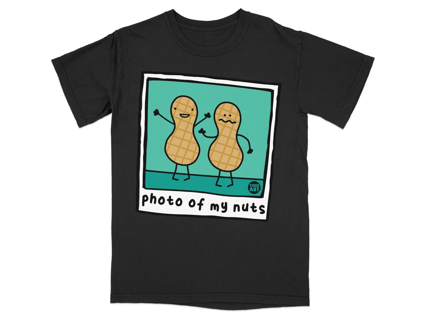 Two cartoon peanuts with faces smiling on a black t-shirt.