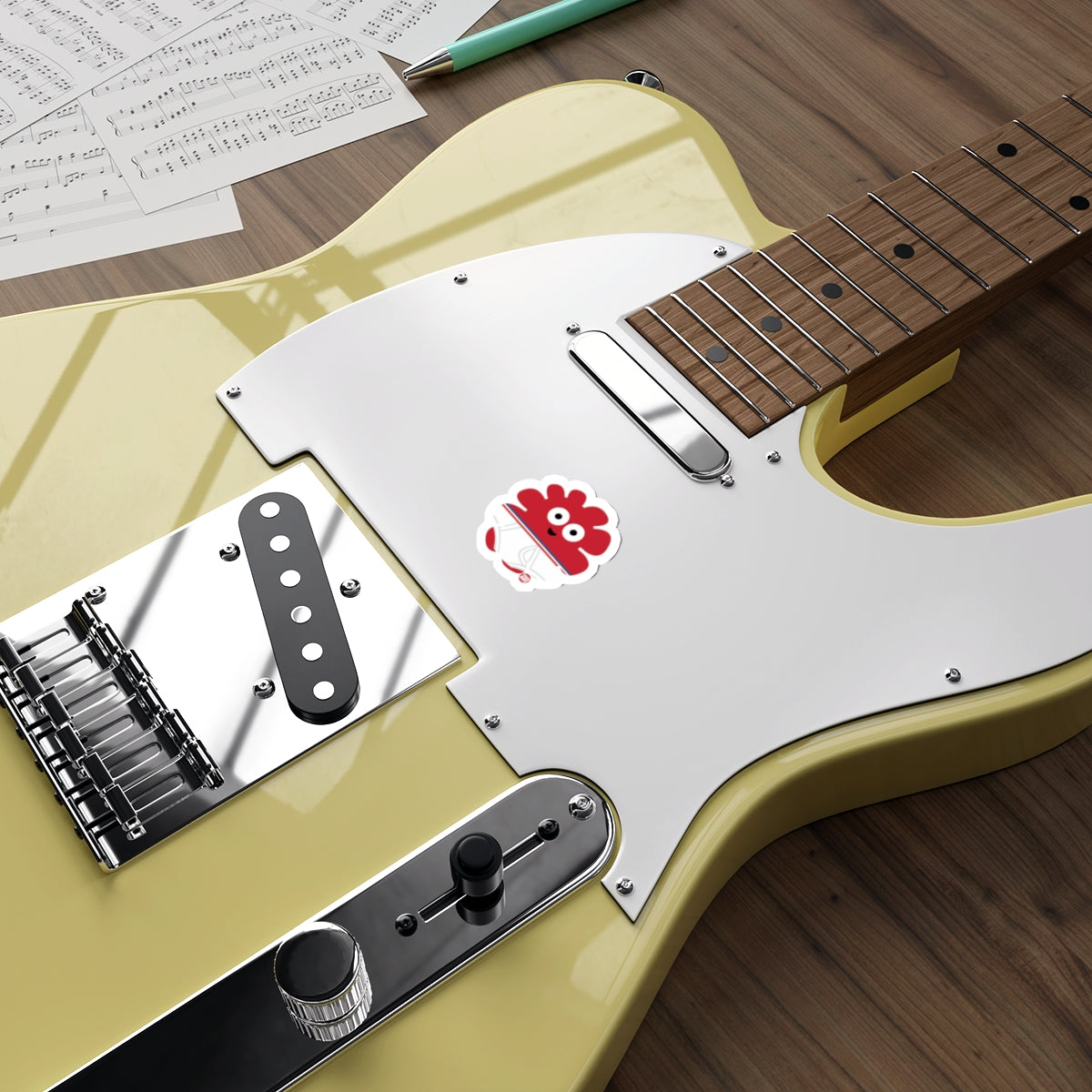Electric Guitar with Sticker and Wooden Background