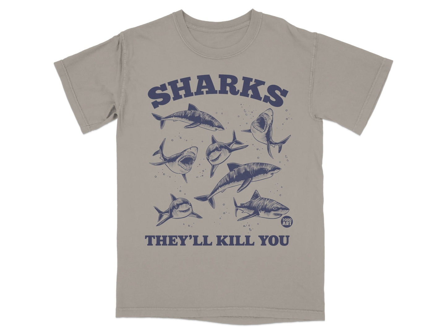 T-shirt with multiple sharks and text "SHARKS THEY'LL KILL YOU FOOD ART".
