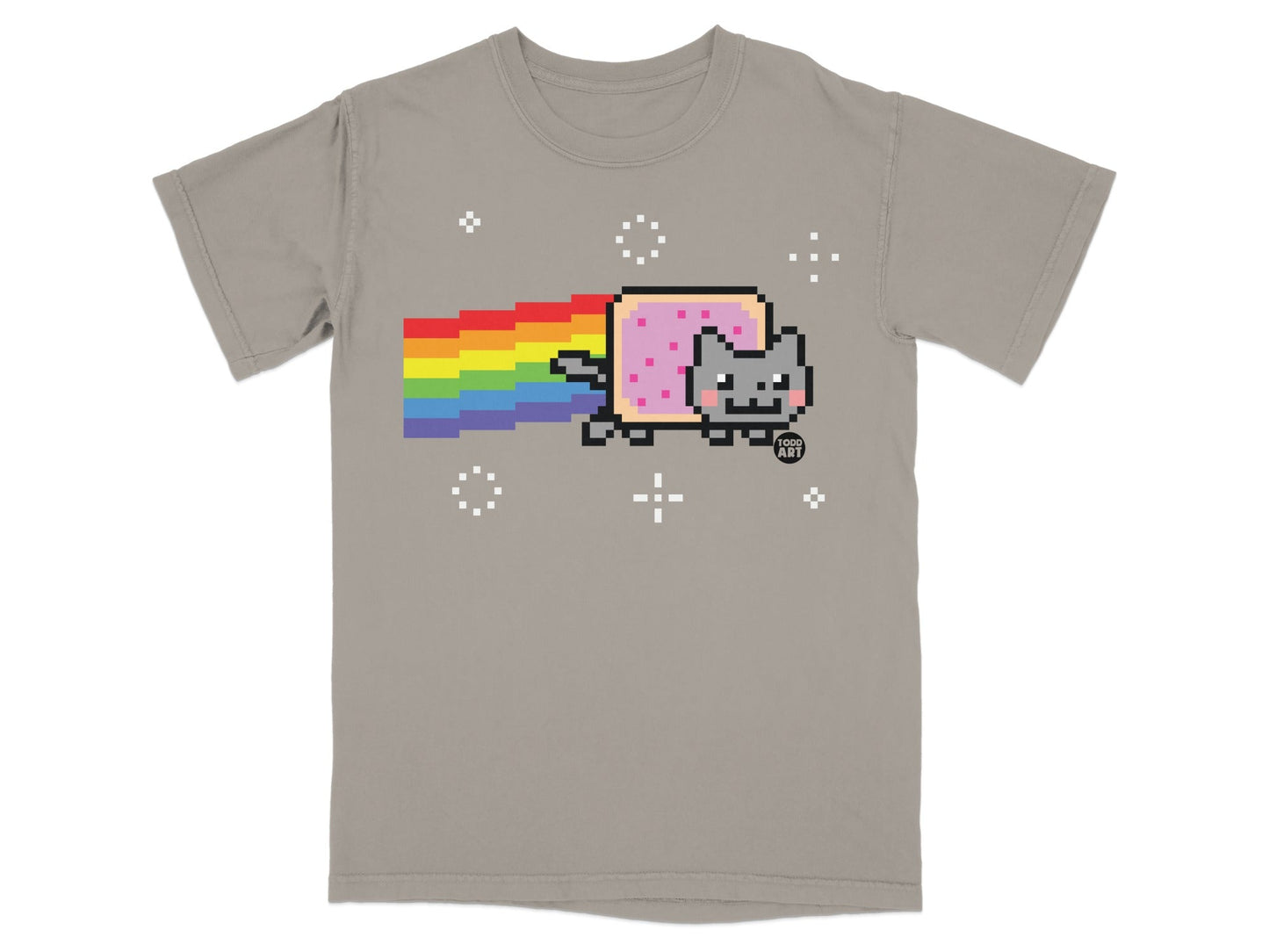 Pixelated cat with rainbow trail on a grey t-shirt.