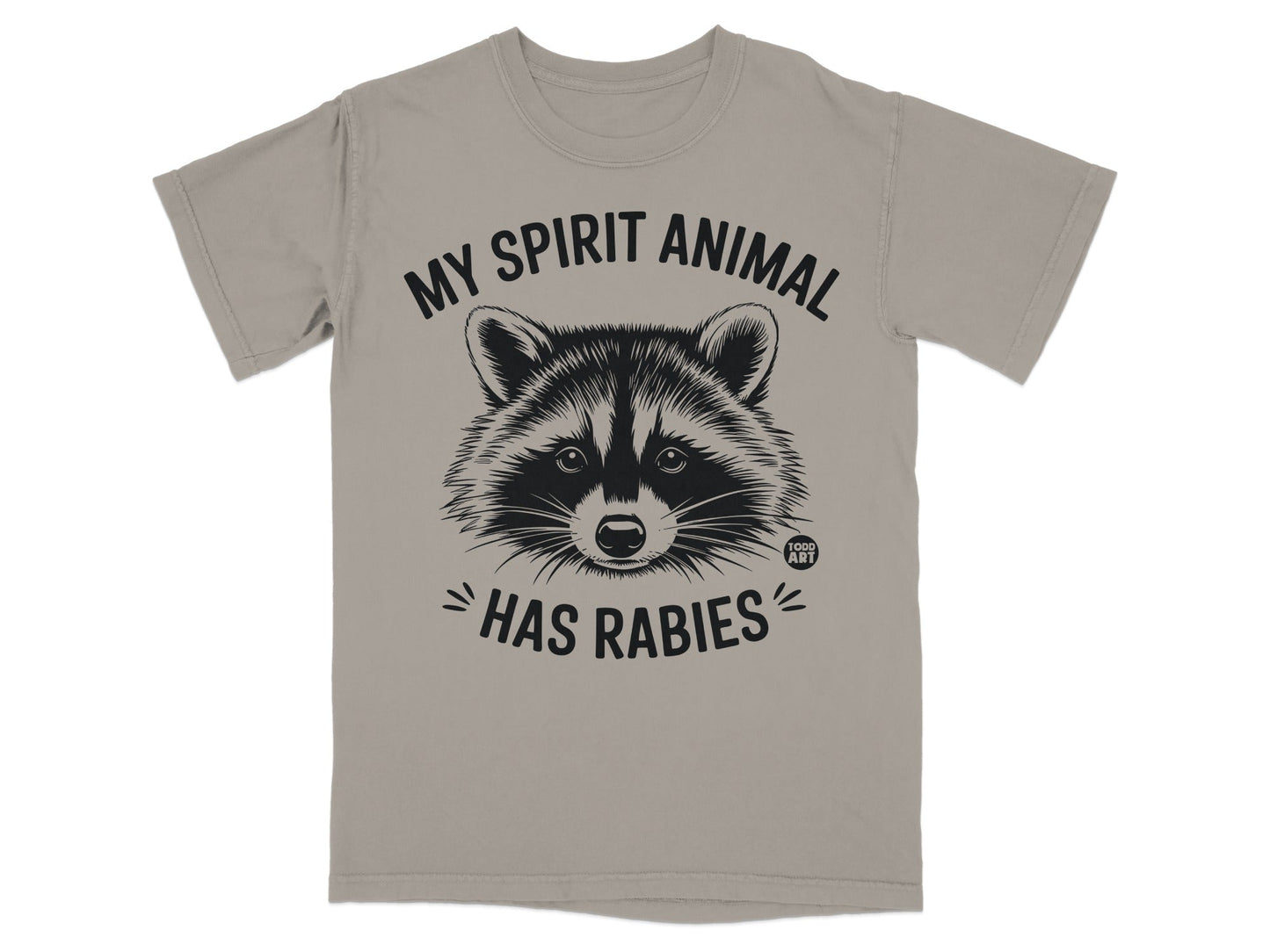 T-shirt with black raccoon graphic and "My spirit animal has rabies" text.