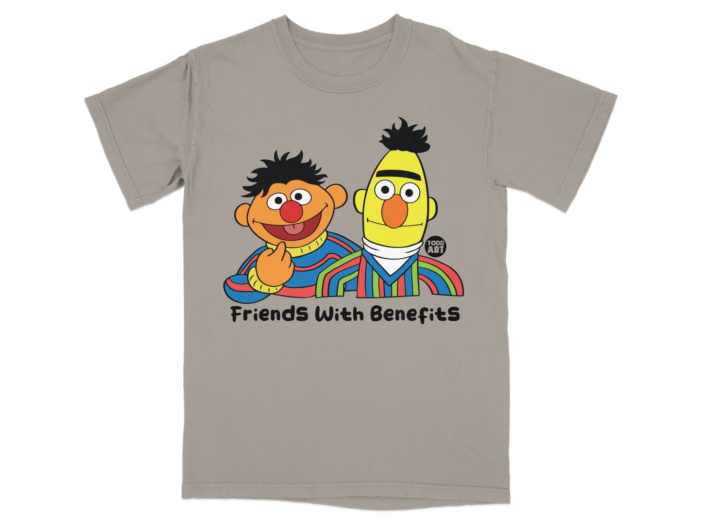 Ernie and Bert from Sesame Street on a gray t-shirt with "Friends With Benefits" text.