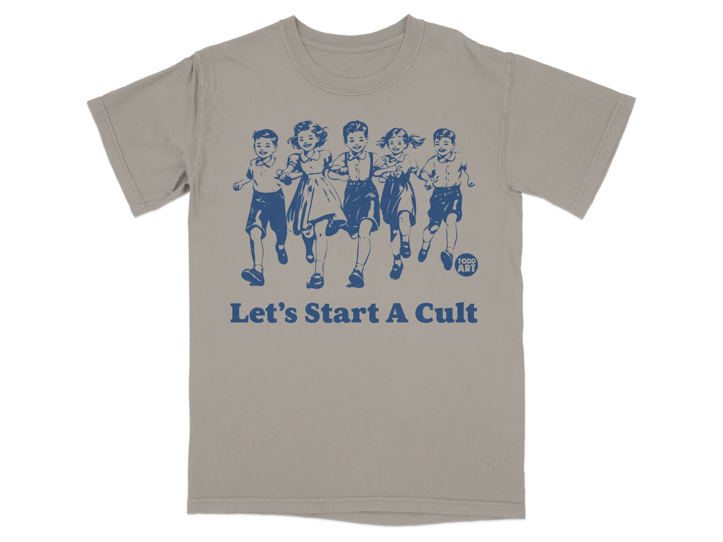T-shirt with blue illustration of children running and text "Let's Start A Cult".