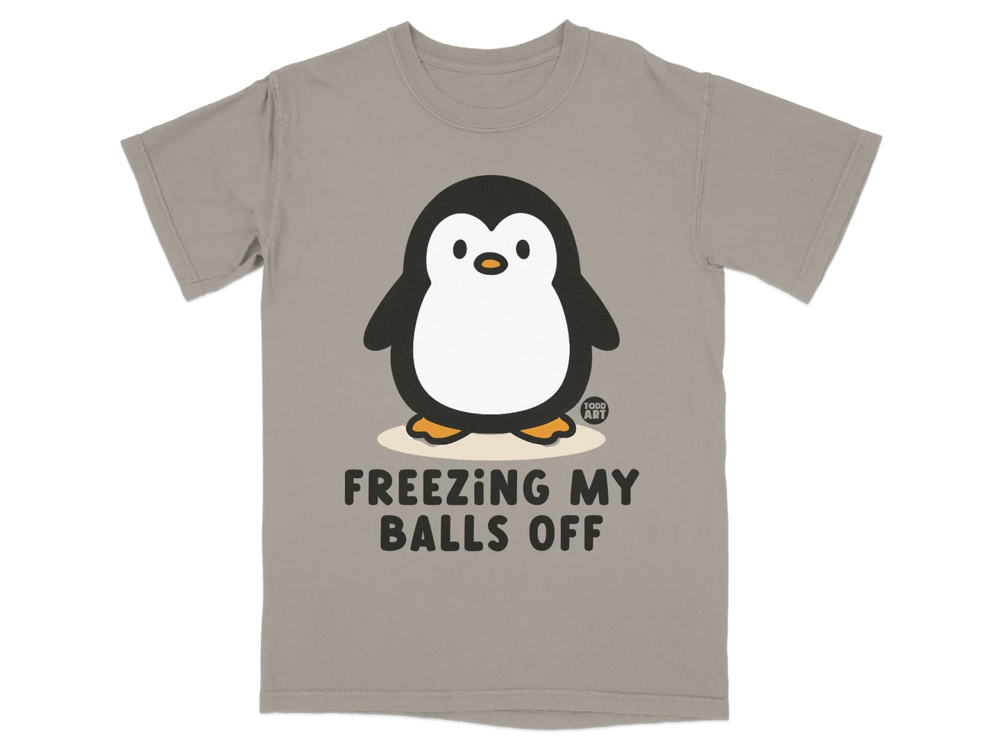Grey t-shirt with cartoon penguin and text "FREEZING MY BALLS OFF".