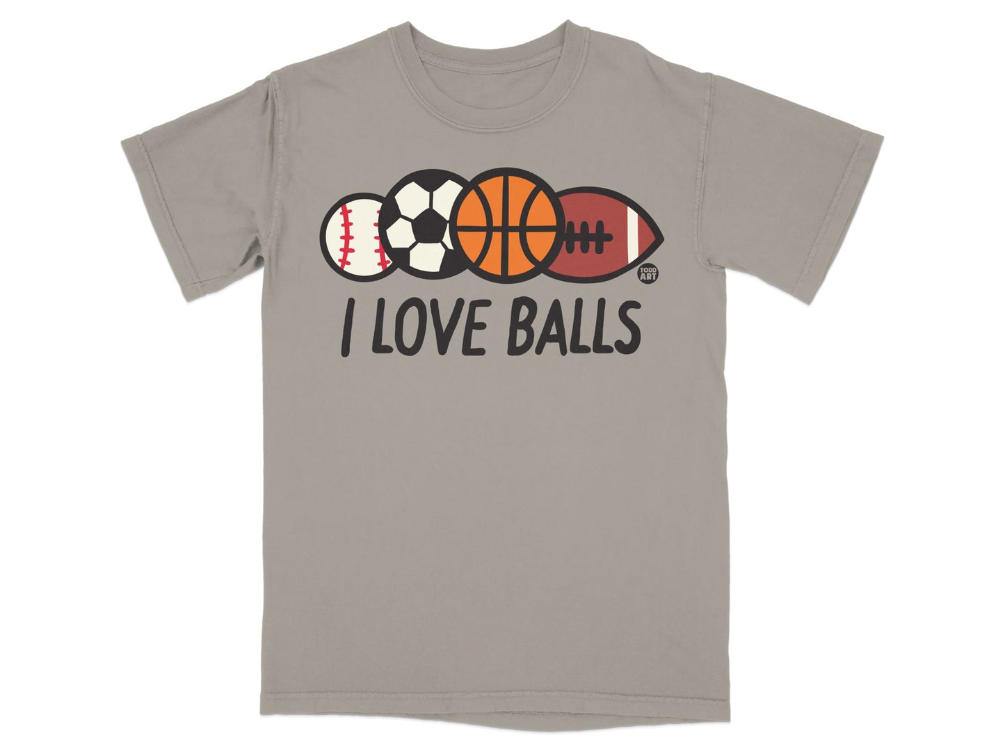 T-shirt with "I LOVE BALLS" and four sports balls: baseball, soccer, basketball, football.