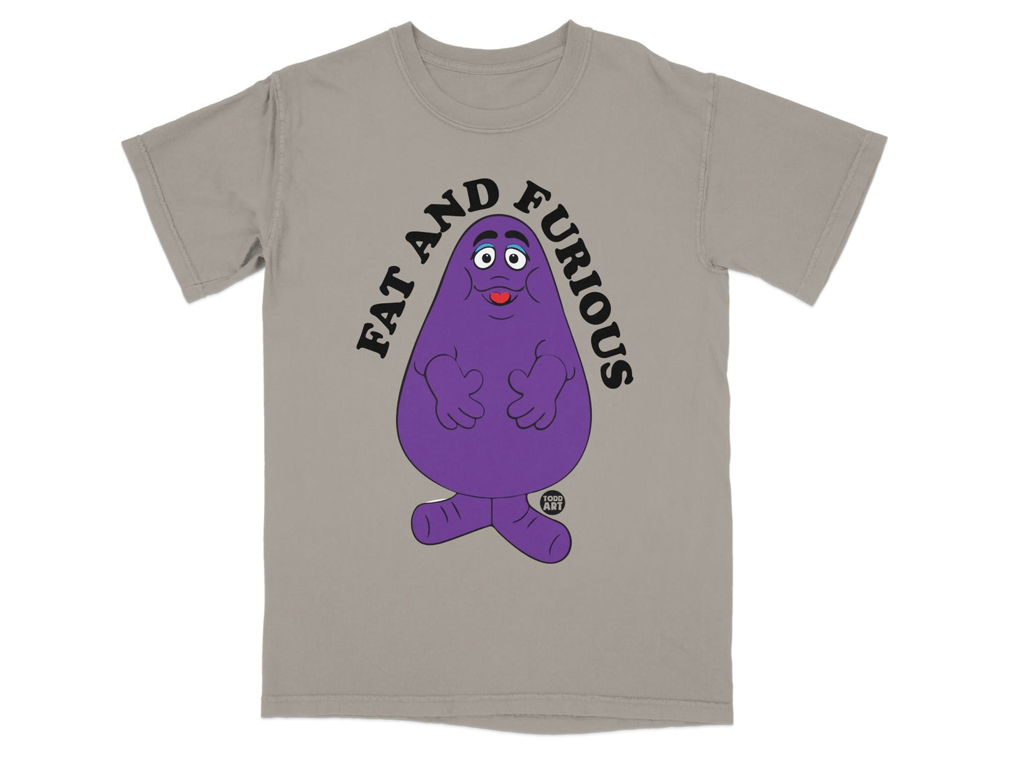T-shirt with Grimace character and "Fat and Furious" text.