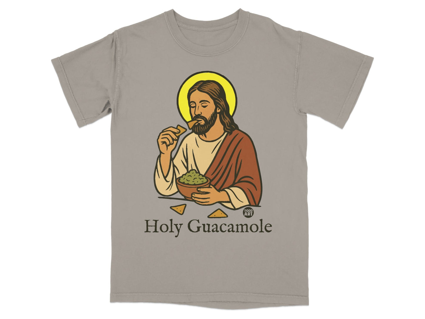 Jesus eating guacamole with chips, "Holy Guacamole" text.
