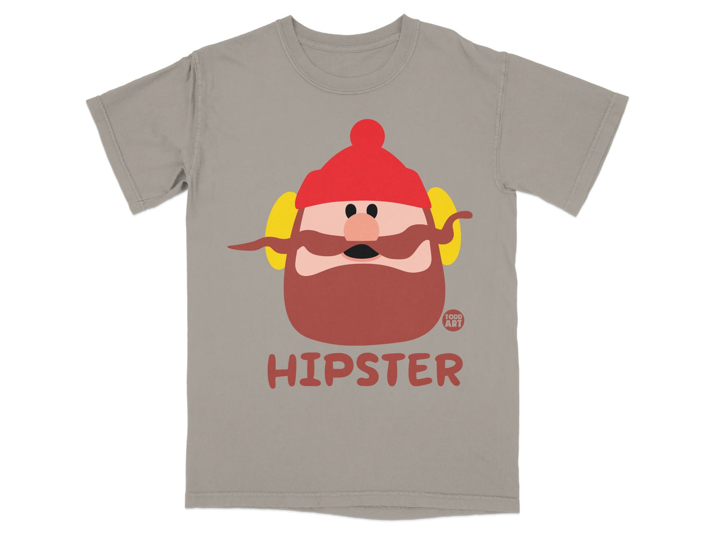 T-shirt with cartoon hipster character wearing a red hat and yellow earmuffs.