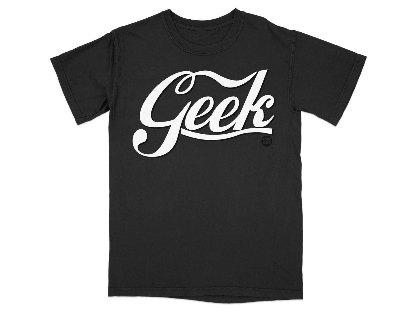 Black t-shirt with white "Geek" logo and "100% Geek" emblem.